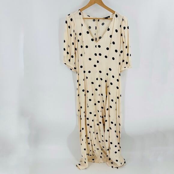 Something Navy Polka Dot V-Neck Midi Dress Chic Elbow Sleeve Feminine Vibe Sz 1 - Picture 9 of 9